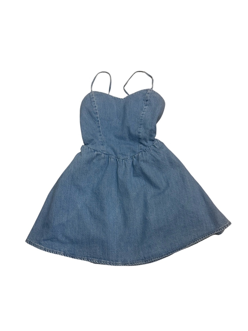 Hollister Denim Fit & Flare Mini Dress XS Sweetheart Neck Open Back Tie Pockets - Picture 9 of 11